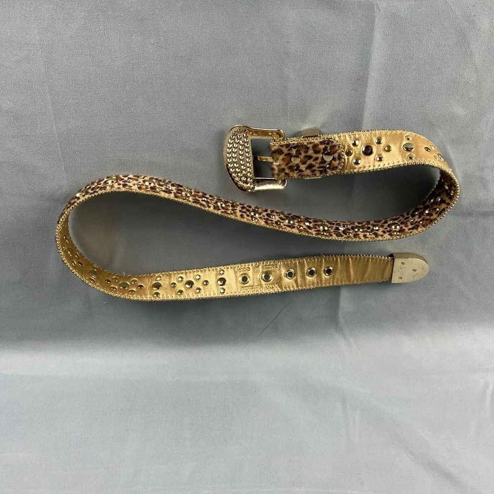 Kathy Van Zeeland Womens Belt Large Leopard Print Gold Studded Rhinestone Buckle